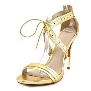 Pour La Victoire The Shanna Gold Perforated Straps Leather Lace Up Heels Sz 9.5